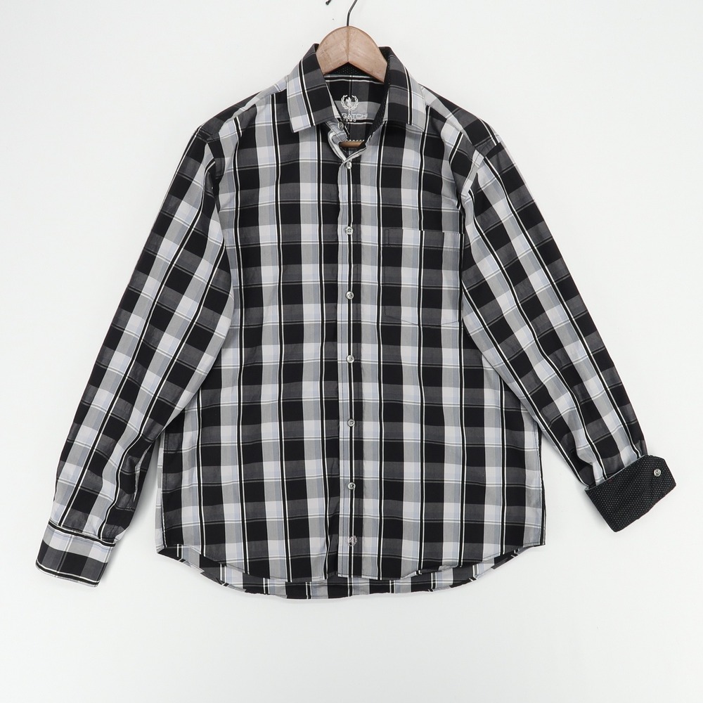 Bugatchi Uomo Shirt Mens Medium Black‎ Gray Plaid Classic Long Sleeve Flip Cuff